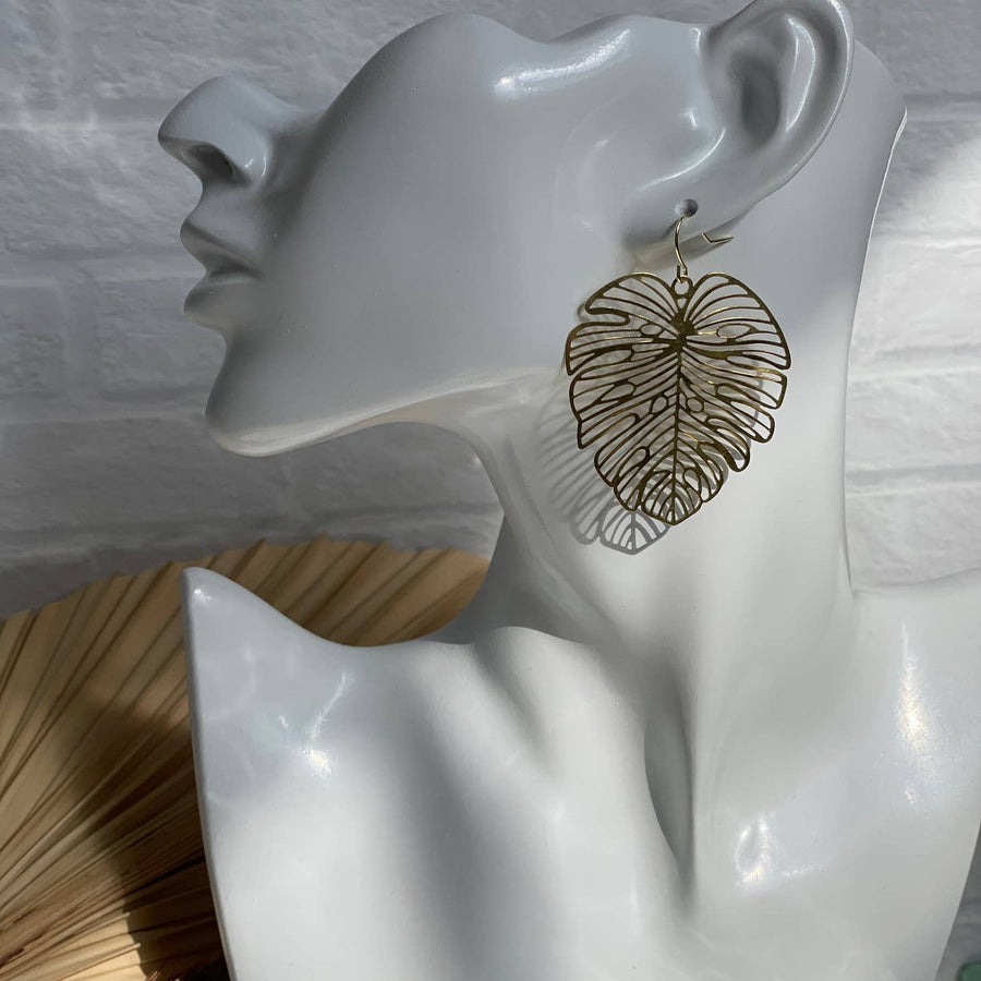 Brass Monstera Leaf Earrings