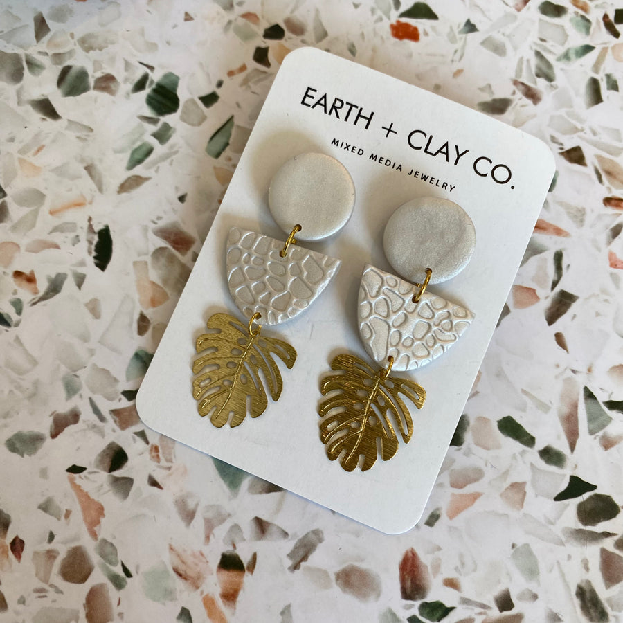 Pearl Monstera Leaf Polymer Clay Earrings