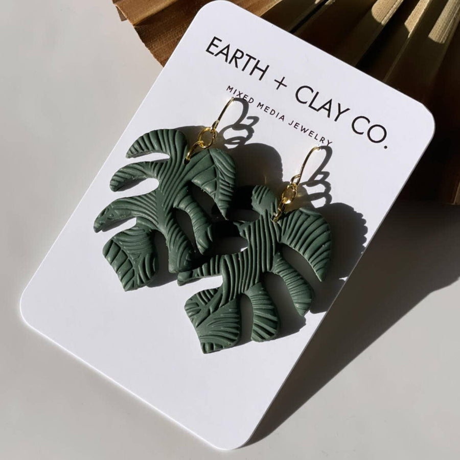 Textured Monstera Leaf Polymer Clay Earrings