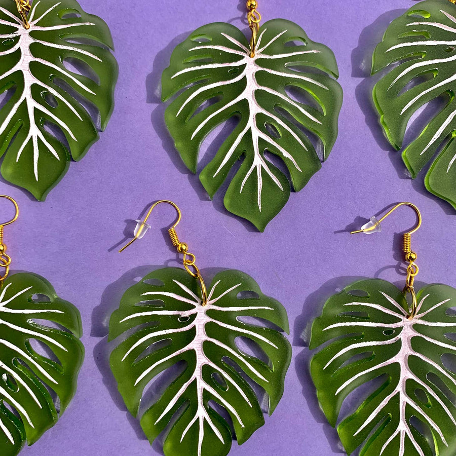 Frosted Lime Monstera Leaf Earrings