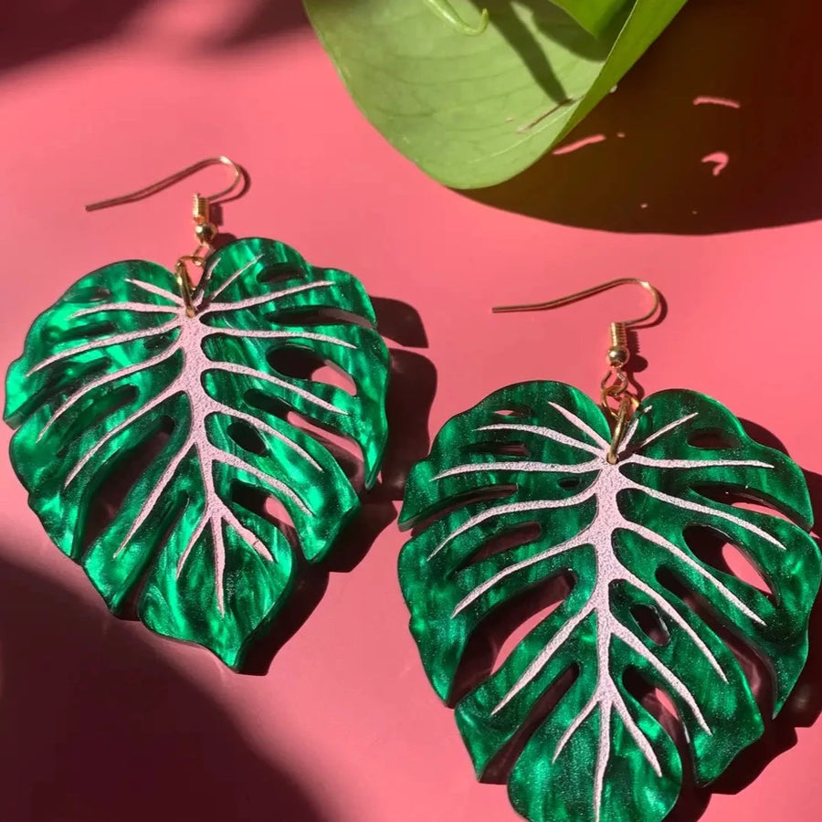 Forest Marble Monstera Leaf Earrings